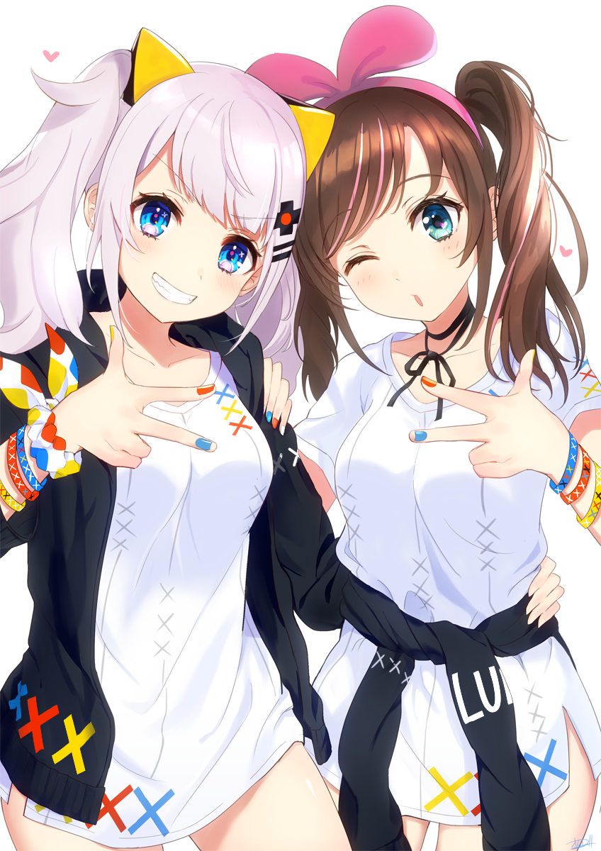 2girls a.i._channel bangs black_jacket blue_eyes blue_nails blush breasts brown_hair clothes_around_waist collarbone commentary_request cosplay crossover dress eyebrows_visible_through_hair fingernails green_eyes grin hair_ornament hair_ribbon hairclip hand_on_another's_waist head_tilt heart heart_in_eye highres jacket jacket_around_waist kaguya_luna kaguya_luna_(character) kaguya_luna_(character)_(cosplay) kizuna_ai long_hair matching_outfit medium_breasts multicolored multicolored_nails multiple_girls nail_polish omelet_tomato one_eye_closed open_clothes open_jacket parted_lips pink_ribbon red_nails ribbon short_sleeves silver_hair smile symbol_in_eye twintails virtual_youtuber w white_dress x