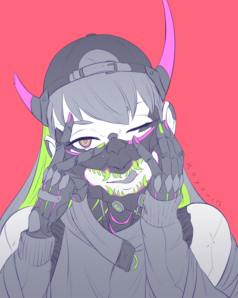 1girl ;q artist_name asymmetrical_horns backwards_hat bangs baseball_cap black_hair black_hat buckle cyberpunk ear_piercing flat_color green_eyes green_hair hands_on_own_cheeks hands_on_own_face hands_up hat heart heart-shaped_pupils horned_headwear koyorin long_sleeves looking_at_viewer mask multicolored multicolored_eyes multicolored_hair multicolored_nails nail_polish one_eye_closed original panties piercing pink_panties prosthetic_hand red_background robot_joints sharp_teeth signature simple_background solo symbol-shaped_pupils teeth tongue tongue_out two-tone_hair underwear v