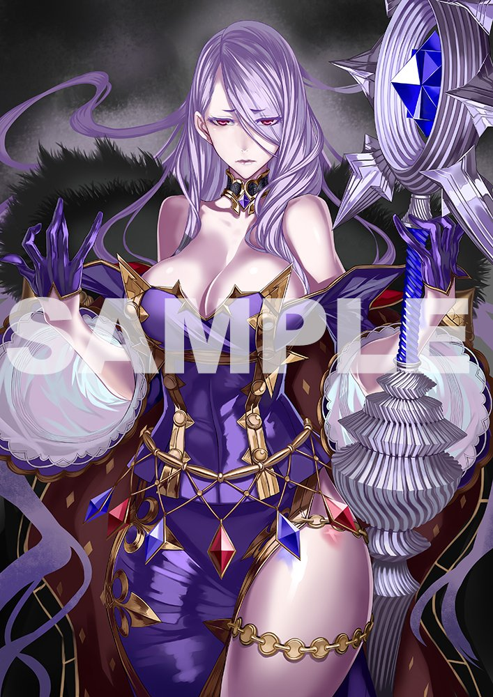 1girl asymmetrical_clothes bare_shoulders breasts cape cleavage closed_mouth crymaria_levin detached_collar dress eyebrows_visible_through_hair eyes_visible_through_hair facing_viewer fur_cape gloves holding_lance honjou_raita jewelry large_breasts long_hair looking_at_viewer official_art pale_skin purple_dress purple_gloves purple_hair red_eyes sample senjou_no_valkyria_4 strapless thigh_strap thighs