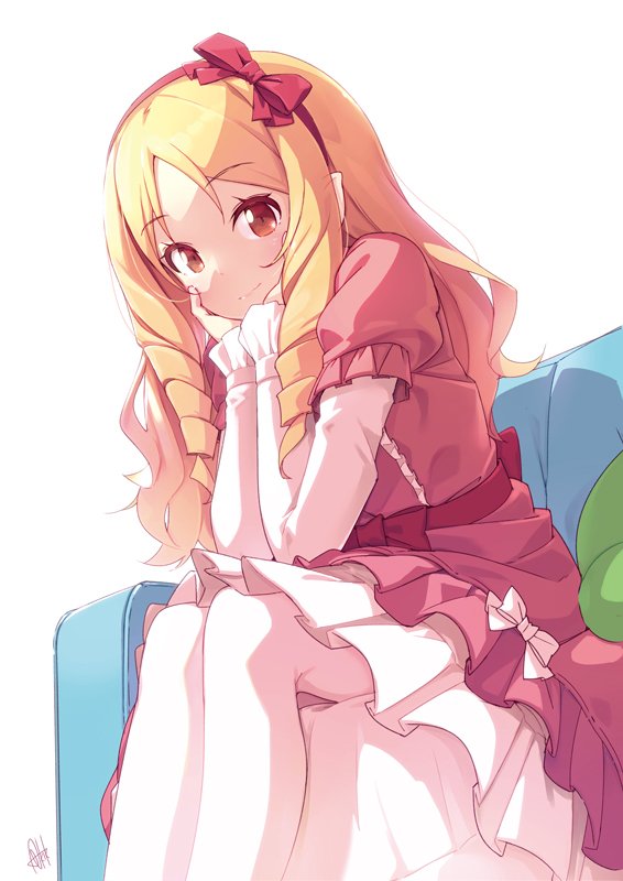 1girl azumi_akitake blonde_hair bow brown_eyes closed_mouth couch dress drill_hair eromanga_sensei eyebrows_visible_through_hair feet_out_of_frame from_below hair_bow hands_on_own_face layered_dress long_sleeves looking_at_viewer pink_bow pink_dress pointy_ears red_bow ringlets simple_background sitting solo twin_drills white_background yamada_elf