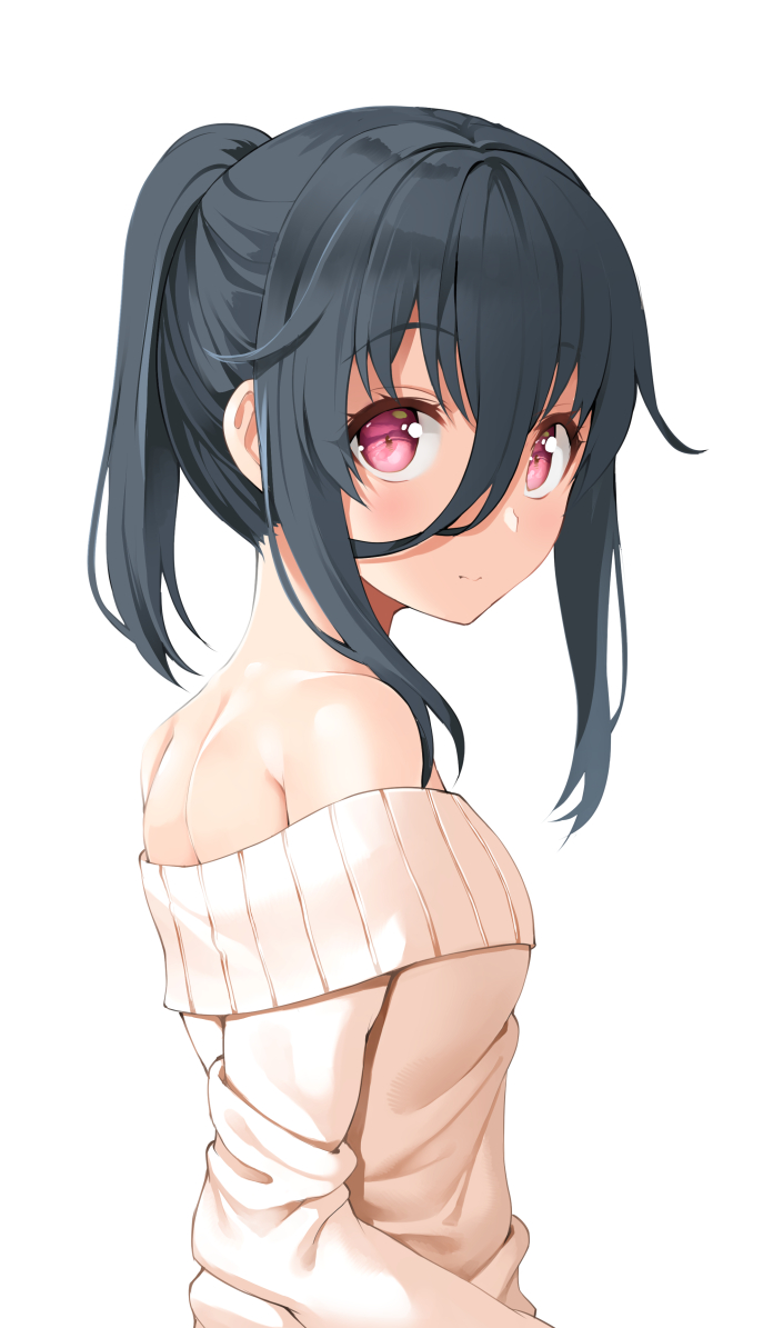 1girl bare_shoulders black_hair blush breasts eyebrows_visible_through_hair hair_between_eyes long_hair long_sleeves looking_at_viewer looking_back mouth_hold murata_taichi off-shoulder_sweater off_shoulder original ponytail profile red_eyes simple_background solo standing sweater sweater_vest upper_body white_background