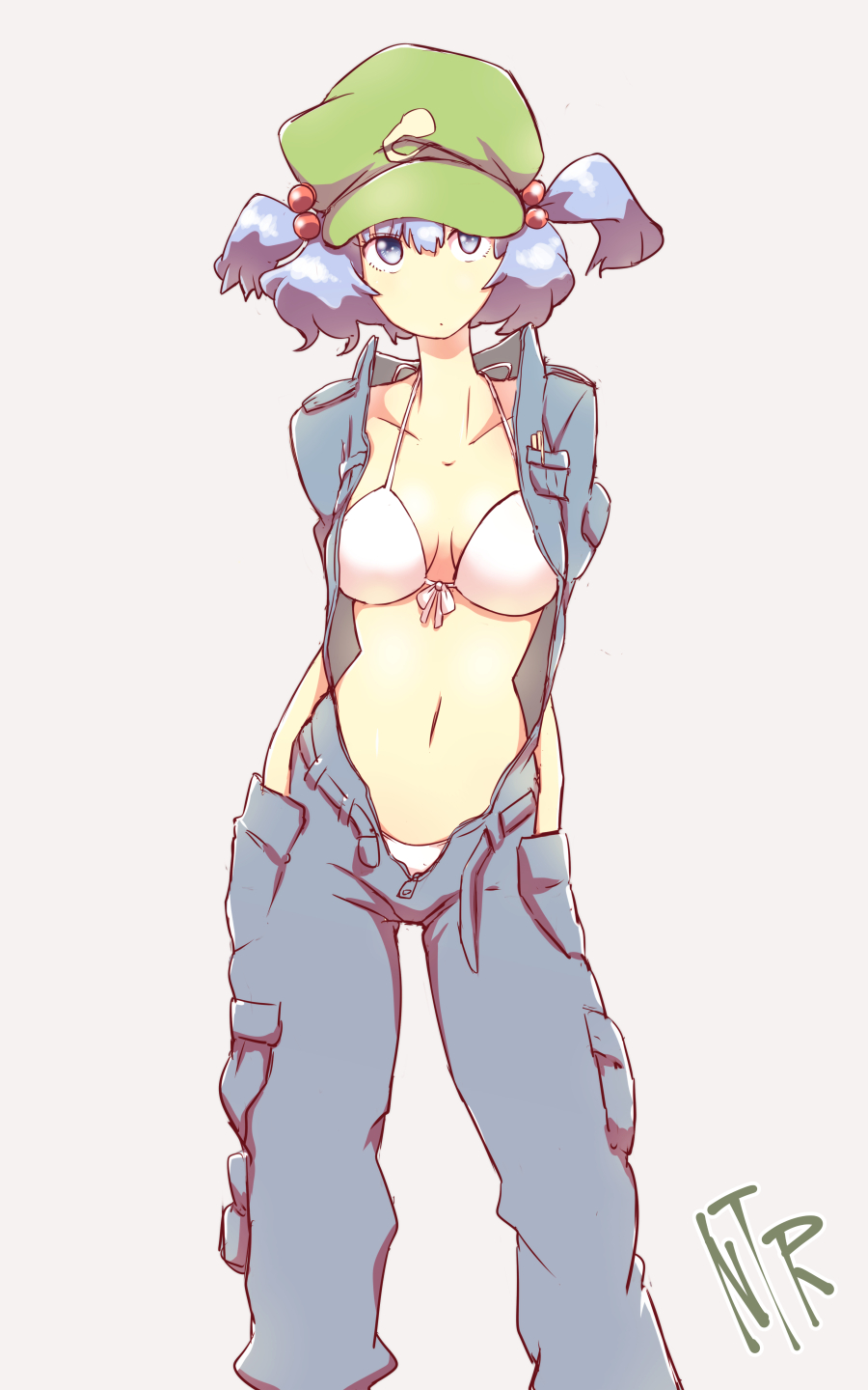 1girl blue_eyes blue_hair blue_pants bra breasts cargo_pants cleavage collarbone cowboy_shot green_hat grey_background hair_bobbles hair_ornament hands_in_pockets hat highres kawashiro_nitori looking_at_viewer medium_breasts midriff navel non_(z-art) open_clothes open_shirt panties pants panty_peek short_hair short_twintails simple_background solo standing touhou twintails underwear white_bra white_panties