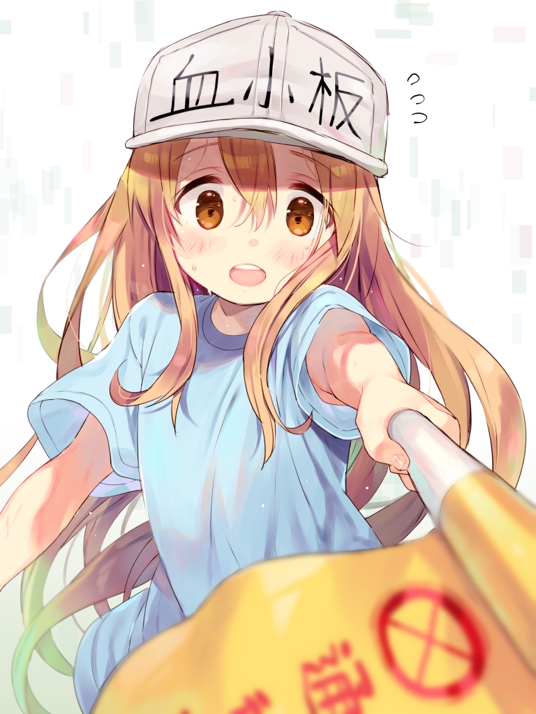 1girl bangs blue_shirt blurry blurry_foreground blush brown_eyes character_name clothes_writing commentary_request depth_of_field eyebrows_visible_through_hair fingernails flag flat_cap flying_sweatdrops grey_hat hair_between_eyes hat hataraku_saibou headwear_writing holding holding_flag kibii_mocha light_brown_hair long_hair looking_at_viewer open_mouth outstretched_arm platelet_(hataraku_saibou) shirt short_sleeves solo upper_teeth very_long_hair