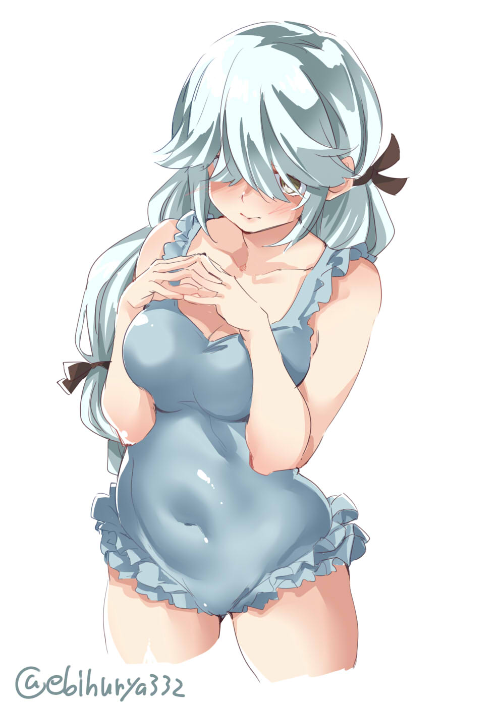 1girl ass_visible_through_thighs black_ribbon blue_swimsuit blush braid breasts brown_eyes casual_one-piece_swimsuit closed_mouth collarbone covered_navel cowboy_shot ebifurya fingers_together hair_over_eyes hair_ribbon hamanami_(kantai_collection) highres kantai_collection lips long_hair looking_at_viewer medium_breasts one-piece_swimsuit ribbon silver_hair simple_background single_braid solo swimsuit twitter_username white_background