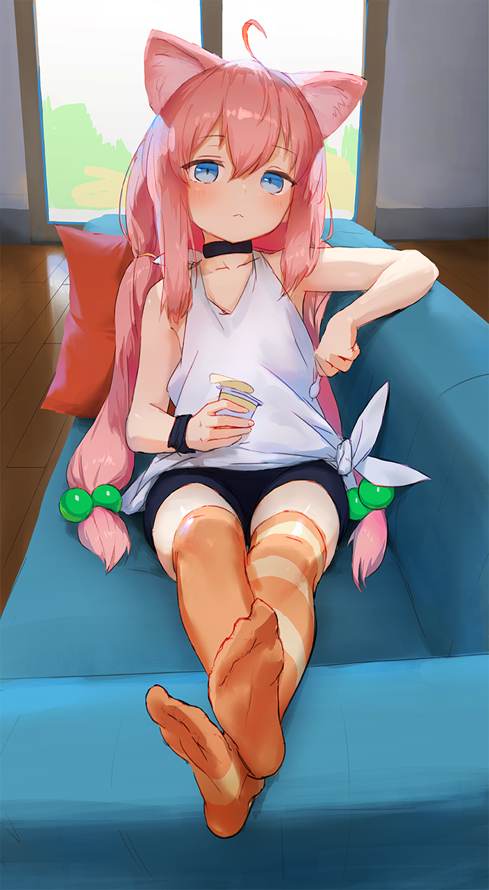 1girl :&lt; ahoge animal_ear_fluff animal_ears arm_rest bike_shorts black_choker blue_eyes cat_ears choker couch crossed_ankles expressionless feet food hair_bobbles hair_ornament highres hinata_channel ice_cream_spoon indoors legs_crossed long_hair low_twintails lying mismatched_legwear nekomiya_hinata no_shoes on_back on_couch orange_legwear pillow pink_hair pudding shorts soles solo spoon striped striped_legwear thigh-highs treeware twintails vest virtual_youtuber watch watch white_vest window