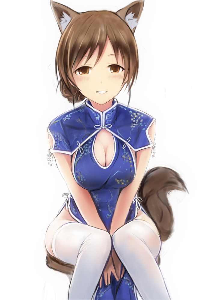 1girl animal_ears bangs blue_dress blush breasts brown_eyes brown_hair china_dress chinese_clothes cleavage cleavage_cutout dress fox_ears fox_tail hair_bun idolmaster idolmaster_cinderella_girls long_hair looking_at_viewer medium_breasts nannacy7 nitta_minami pelvic_curtain short_sleeves side_slit simple_background sitting smile solo tail thigh-highs tied_hair white_background white_legwear