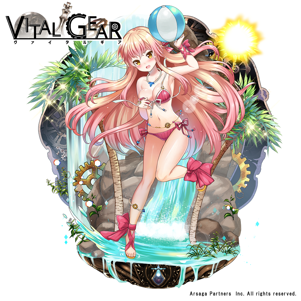 1girl ankle_ribbon anklet arm_ribbon ball beachball bikini blush breasts brown_eyes copyright_name covering covering_breasts gears hand_up jewelry medium_breasts meisuke_mei navel necklace official_art palm_tree pink_bikini pink_ribbon ribbon rock sandals side-tie_bikini sparkle standing standing_on_one_leg strap_slip summer sun swimsuit tree vital_gear water waterfall