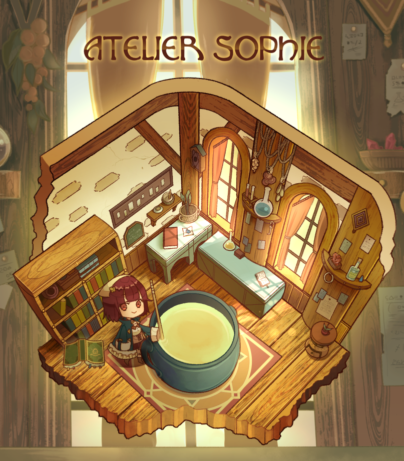 1girl 1other :&gt; atelier_(series) atelier_sophie book bookmark bookshelf bottle brown_eyes brown_hair cauldron chalkboard character_name chibi closed_mouth coat commentary_request copyright_name curtains from_above gem head_scarf indoors kuromame_(honey_728) looking_at_viewer multiple_girls open_book open_clothes open_coat plachta plant potted_plant round-bottom_flask rug shelf short_hair sleeves_past_wrists sophie_neuenmuller standing stick test_tube window wooden_floor