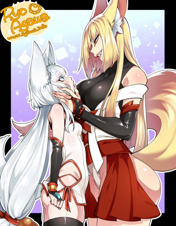2girls agawa_ryou animal_ears black_legwear blonde_hair blue_eyes blush borrowed_character breasts bridal_gauntlets commentary curvy eye_contact fangs fox_ears hands_on_another's_face japanese_clothes kitsune large_breasts light_blush long_hair looking_at_another low-tied_long_hair multiple_girls original rape_face small_breasts smile thigh-highs very_long_hair yellow_eyes yuri