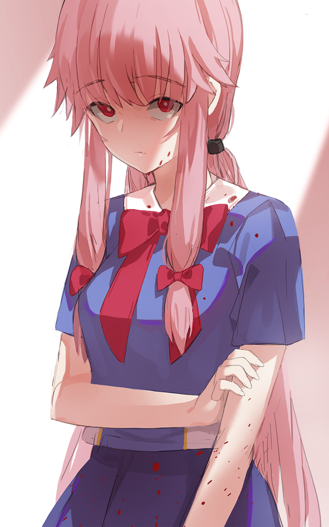 1girl bad_id bad_twitter_id blood blood_on_face blood_splatter blue_shirt bow closed_mouth empty_eyes eyebrows_visible_through_hair gasai_yuno hair_bow kfr long_hair looking_at_viewer mirai_nikki neck_ribbon pink_hair purple_skirt red_bow red_eyes red_neckwear red_ribbon ribbon shirt short_sleeves skirt solo upper_body very_long_hair