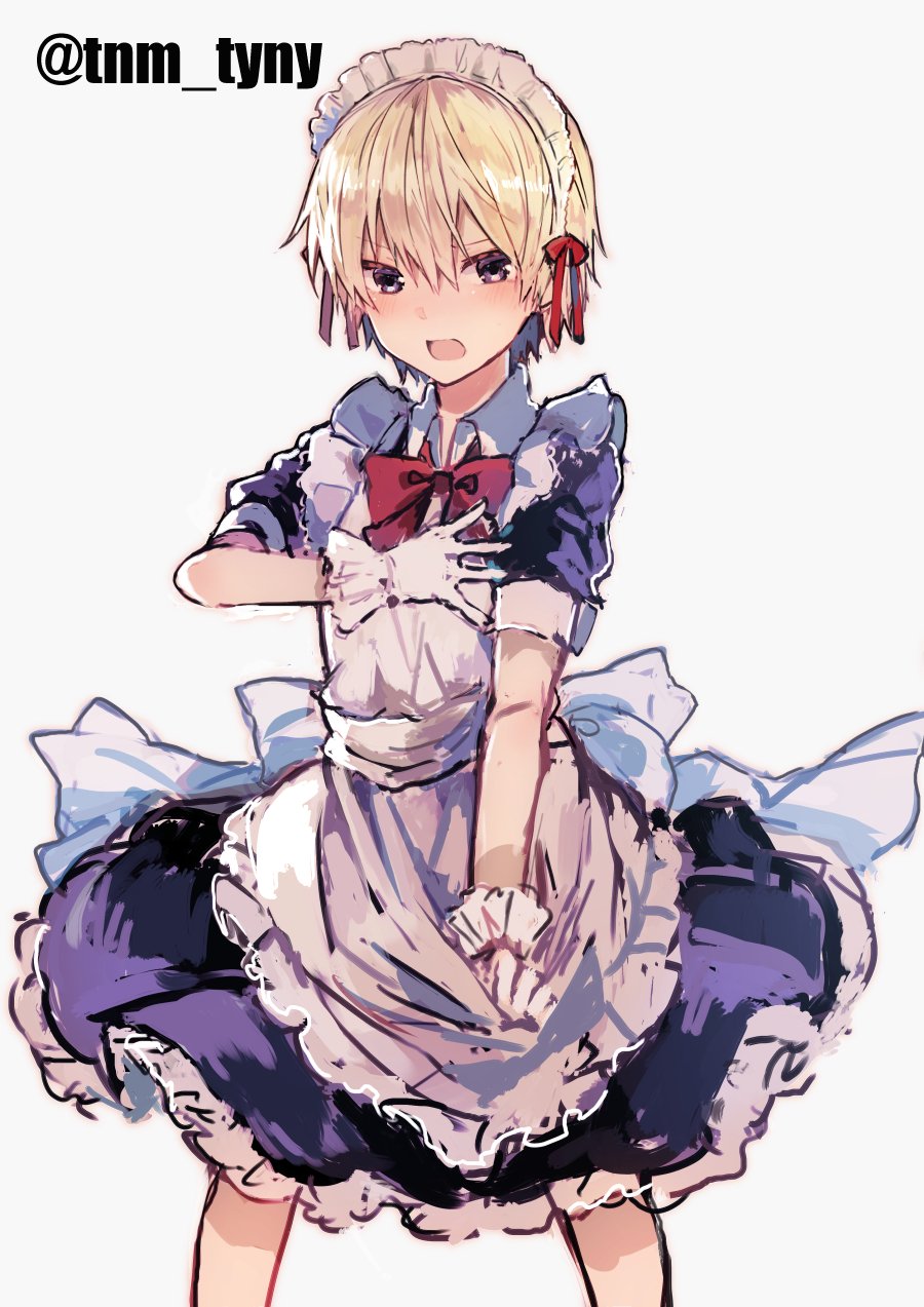 1boy apron black_eyes blonde_hair blush bow bowtie commentary_request crossdressinging dress embarrassed gloves grey_background hair_ribbon hand_on_own_chest highres ikeuchi_tanuma legs_apart looking_at_viewer maid_apron maid_headdress male_focus open_mouth original purple_dress red_neckwear ribbon simple_background solo twitter_username white_apron white_gloves