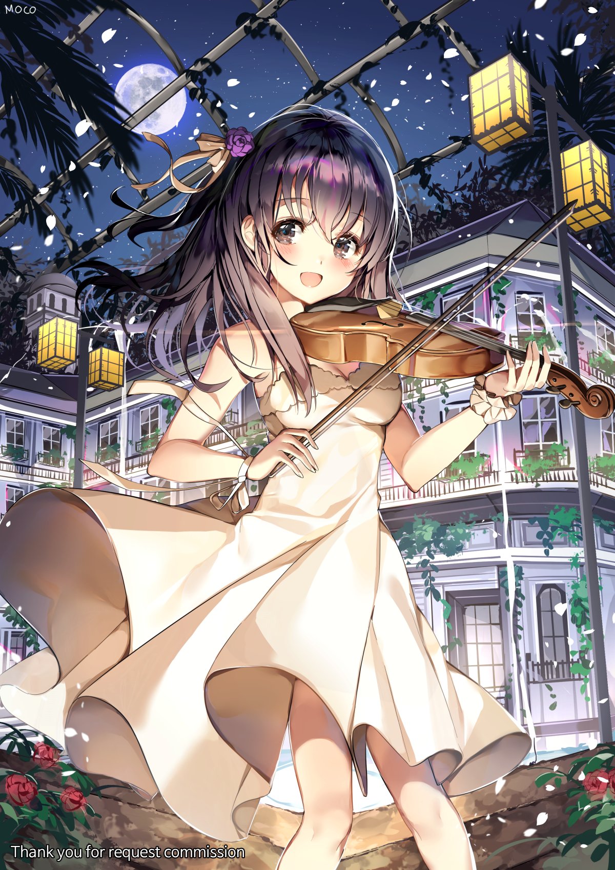1girl :d blush breasts brown_hair cleavage commission dress eyebrows_visible_through_hair floating_hair flower fujiwara_hajime full_moon hair_between_eyes hair_flower hair_ornament hair_ribbon highres holding holding_instrument idolmaster idolmaster_cinderella_girls instrument long_hair looking_at_viewer medium_breasts moon music night onew open_mouth outdoors petals playing_instrument purple_flower red_flower ribbon shiny shiny_hair sky sleeveless sleeveless_dress smile solo standing star_(sky) starry_sky strapless strapless_dress violin watermark white_dress white_ribbon wrist_cuffs wrist_ribbon