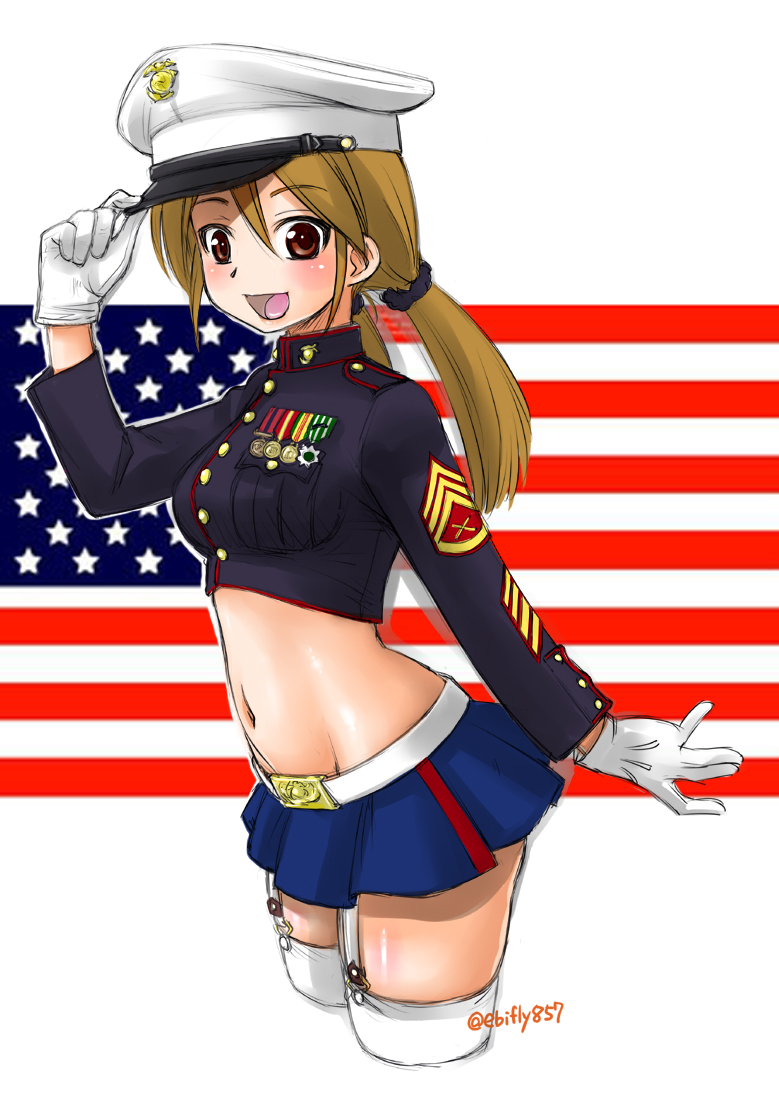 1girl :d american_flag black_scrunchie blonde_hair blue_skirt blush brown_eyes cowboy_shot cropped_jacket cropped_legs ebifly garter_straps gloves hair_between_eyes hair_ornament hair_scrunchie hand_on_headwear hand_up hat long_sleeves looking_at_viewer low_twintails medal midriff military military_uniform navel open_mouth original peaked_cap scrunchie skirt smile solo thigh-highs twintails uniform white_gloves white_hat white_legwear