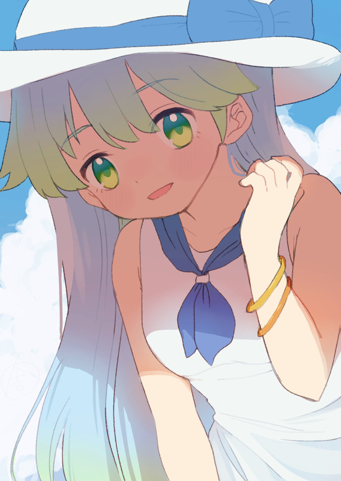 1girl ascot blue_hair bracelet dress eve_ainsworth gradient_hair great_kichi green_eyes green_hair hat jewelry long_hair looking_at_viewer multicolored_hair open_mouth pop-up_story shade sun_hat sundress white_dress