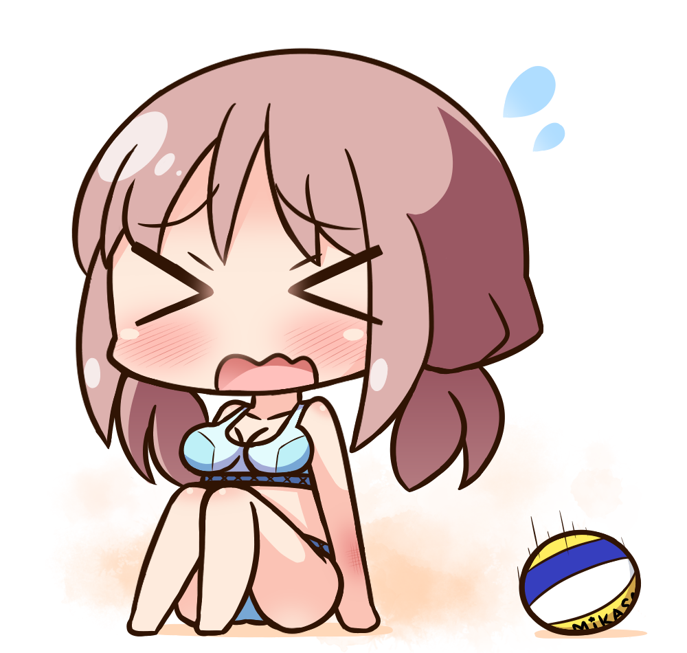 &gt;_&lt; 1girl bangs bare_arms bare_legs bare_shoulders barefoot bikini blue_bikini blush breasts brown_hair chibi closed_eyes collarbone commentary_request eyebrows_visible_through_hair facing_viewer flying_sweatdrops hana_kazari harukana_receive large_breasts long_hair oozora_haruka_(harukana_receive) open_mouth sitting solo speed_lines swimsuit volleyball wavy_mouth white_background