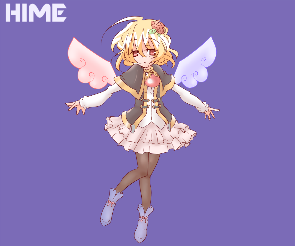 1girl bangs black_capelet black_legwear blonde_hair blue_footwear blush boots capelet character_name commentary_request eyebrows_visible_through_hair flower hair_between_eyes hair_flower hair_ornament hime_(suguri) hono layered_skirt long_sleeves looking_at_viewer mismatched_wings official_art pantyhose parted_lips pink_skirt pleated_skirt purple_background purple_wings red_eyes red_flower red_rose red_wings rose shirt simple_background skirt solo suguri white_shirt wings