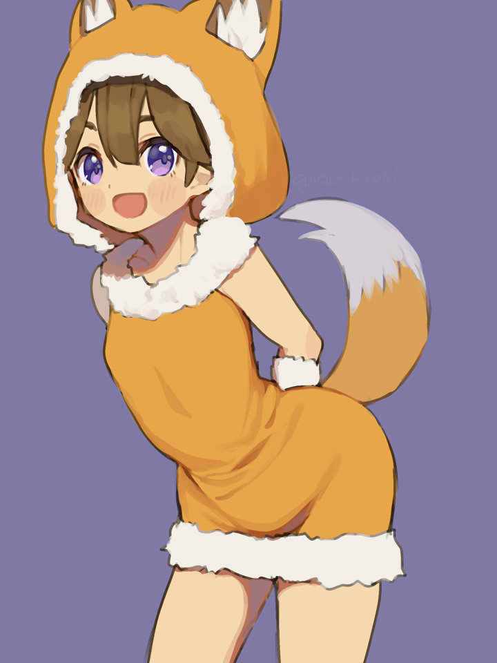 1girl animal_costume brown_hair dress dwarf fox_costume fox_hood fox_tail great_kichi looking_at_viewer open_mouth pointy_ears pop-up_story smile solo tail violet_eyes ymir_paaya