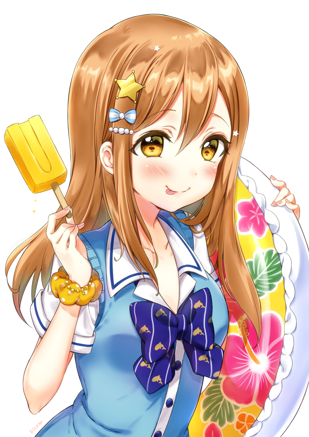 1girl :p artist_name bangs bico_(bicoris) blue_neckwear blush bow bowtie bracelet brown_eyes brown_hair collarbone collared_shirt commentary_request food hair_bow hair_ornament hairpin highres holding holding_food holding_innertube innertube jewelry kunikida_hanamaru long_hair looking_at_viewer love_live! love_live!_sunshine!! nail_polish pink_nails polka_dot polka_dot_scrunchie popsicle scrunchie shirt short_sleeves simple_background solo star star_hair_ornament striped_neckwear sweater_vest tongue tongue_out upper_body white_background wrist_scrunchie yellow_scrunchie