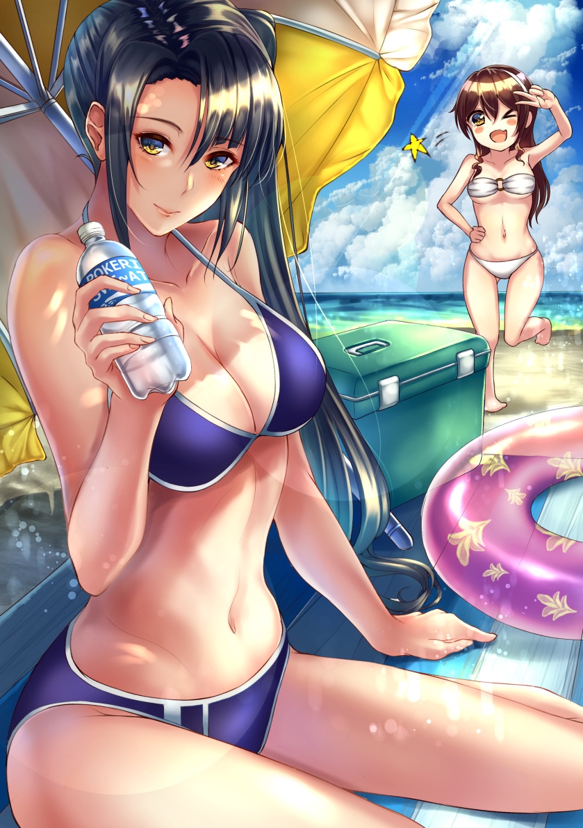 2girls arm_support ashigara_(kantai_collection) bangs bare_shoulders beach beach_mat beach_umbrella bikini black_hair blue_sky blush bottle breasts brown_eyes brown_hair cleavage closed_mouth clouds collarbone cooler day hair_ornament head_tilt holding holding_bottle innertube kantai_collection kazu_(otonoki86) large_breasts long_hair looking_at_viewer lotion multiple_girls nachi_(kantai_collection) navel ocean open_mouth outdoors see-through side_ponytail sidelocks sitting sky smile standing standing_on_one_leg star stomach sunlight sunscreen swimsuit thighs transparent umbrella v wariza water_bottle white_bikini