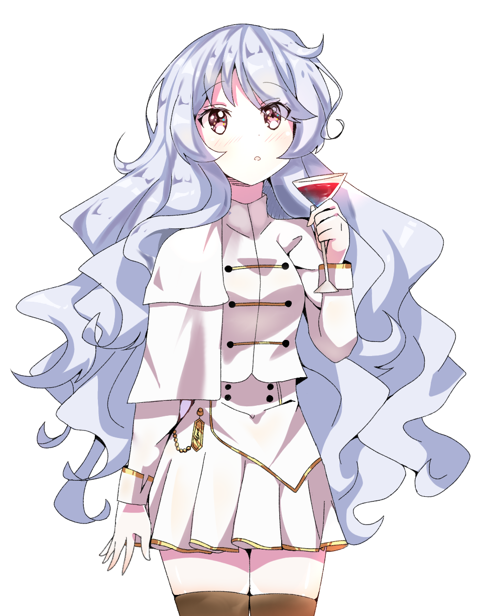1girl :o alcohol artist_name beyblade beyblade:_burst black_panties blue_hair chankyone character_name cup drinking_glass formal highres jewelry long_hair military military_uniform nishiro_nya open_eyes open_mouth panties simple_background skirt solo suit underwear uniform violet_eyes wavy_hair white_background wine wine_glass