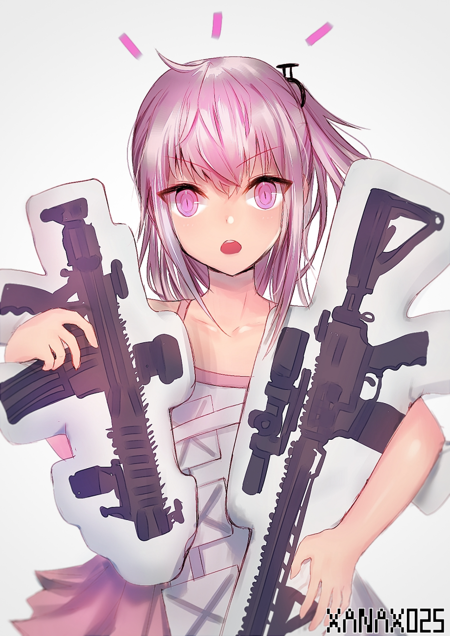 1girl ar-15 armor artist_name bangs blush breasts collarbone dress dual_wielding eyebrows_visible_through_hair girls_frontline gradient gradient_background gun hair_between_eyes hair_ornament highres holding long_hair looking_at_viewer mod3_(girls_frontline) multicolored_hair one_side_up open_mouth pillow pillow_hug pink_eyes pink_hair rifle sidelocks simple_background small_breasts st_ar-15_(girls_frontline) streaked_hair v-shaped_eyebrows weapon xanax025