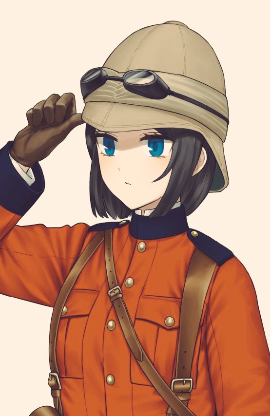 1girl adjusting_clothes adjusting_hat black_hair blue_eyes british epaulettes gloves goggles goggles_on_headwear hand_up hat helmet leather leather_gloves load_bearing_equipment military military_uniform original remora25 serious short_hair simple_background soldier solo uniform