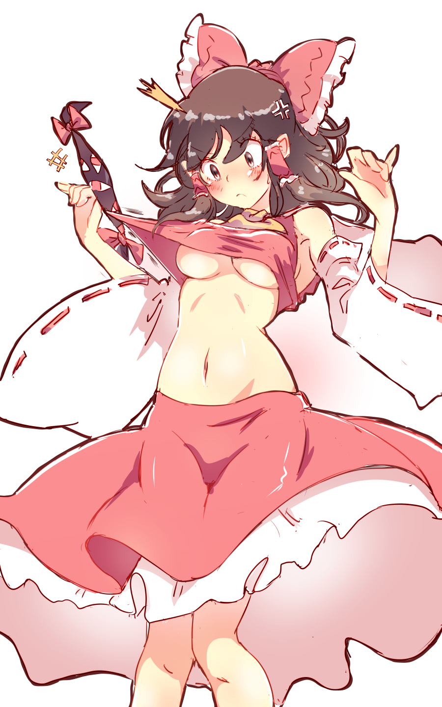 1girl anger_vein armpits ascot assisted_exposure bare_shoulders blush bow breasts brown_eyes brown_hair cowboy_shot detached_sleeves gap hair_bow hair_tubes hakurei_reimu highres medium_breasts midriff navel non_(z-art) nontraditional_miko shirt_pull short_hair simple_background skirt solo sweatdrop touhou under_boob white_background wide_sleeves