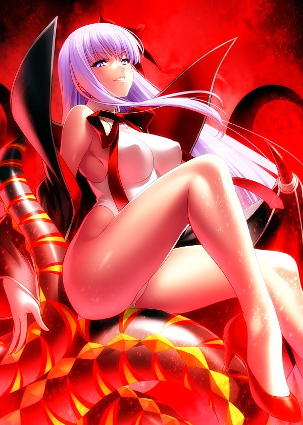 1girl bb_(fate)_(all) bb_(swimsuit_mooncancer)_(fate) black_coat fate/grand_order fate_(series) gloves high_heels horns impossible_clothes impossible_leotard leotard long_hair parted_lips popped_collar purple_hair red_footwear sitting solo tan violet_eyes white_gloves white_leotard zen