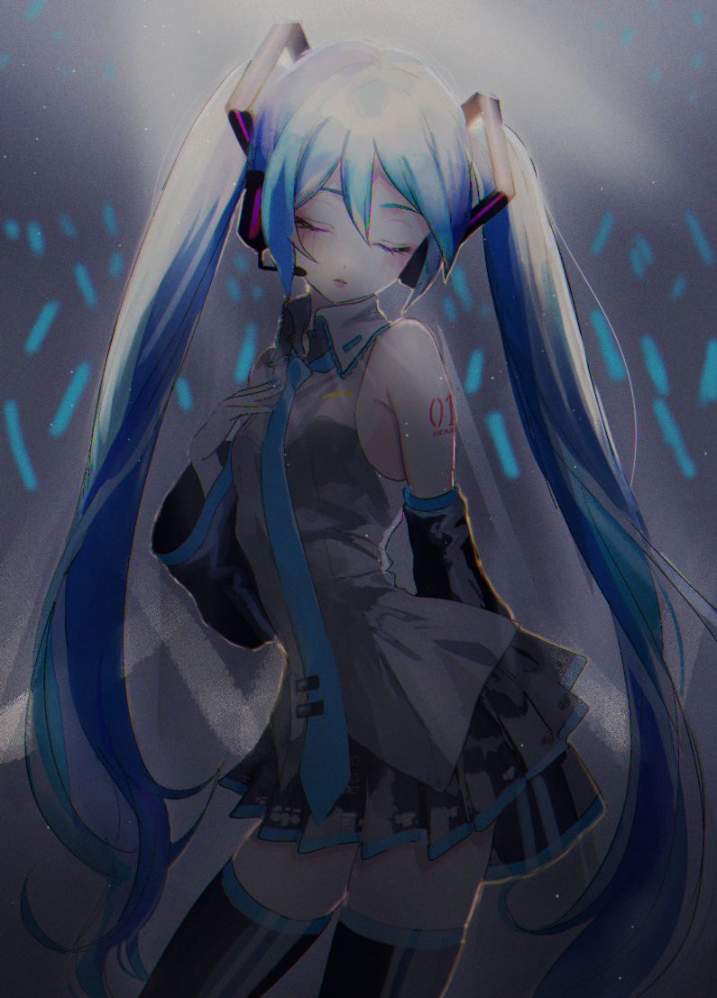 1girl bangs bare_shoulders black_legwear blue_hair closed_eyes closed_mouth collared_shirt commentary contrapposto cowboy_shot detached_sleeves english_commentary glowstick grey_shirt hand_on_own_chest hatsune_miku headphones long_sleeves microphone miniskirt p2_(uxjzz) pleated_skirt shirt skirt standing thigh-highs vocaloid wing_collar zettai_ryouiki