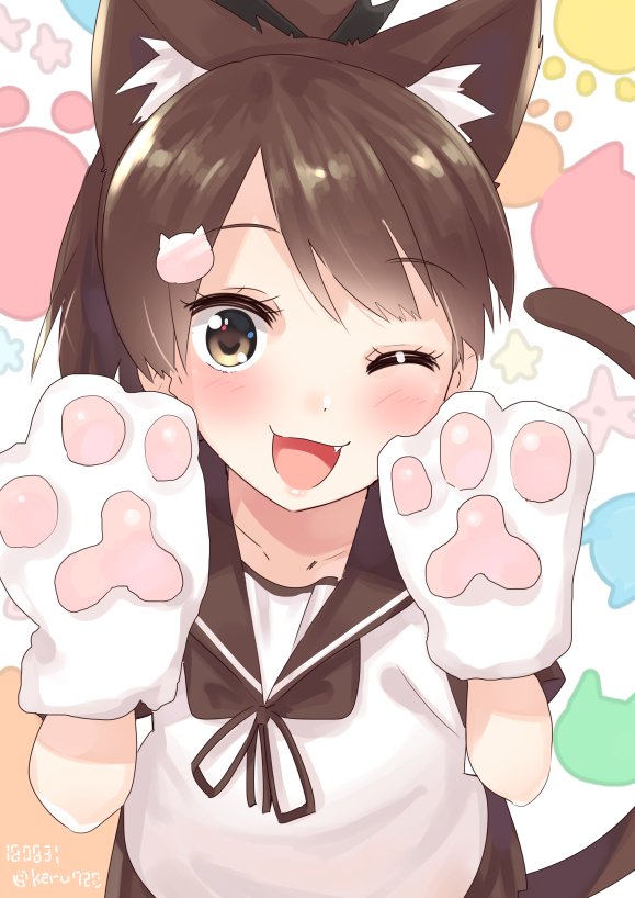 1girl animal_ears brown_hair brown_sailor_collar brown_skirt cat_ears cat_tail cowboy_shot fang gloves kantai_collection looking_at_viewer one_eye_closed open_mouth paw_gloves paw_print paws ponytail sailor_collar school_uniform serafuku shikinami_(kantai_collection) short_hair short_ponytail skirt smile solo tail tonari_no_kai_keruberosu