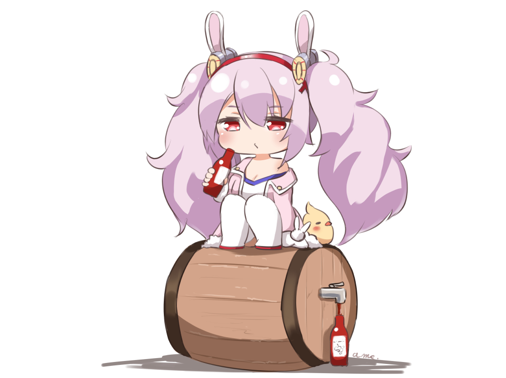 1girl ame. animal animal_ears azur_lane bangs bare_shoulders barrel bird blush bottle camisole chibi chick closed_mouth eyebrows_visible_through_hair fur-trimmed_jacket fur-trimmed_sleeves fur_trim hair_between_eyes hair_ornament hairband half-closed_eyes holding holding_bottle jacket laffey_(azur_lane) long_hair long_sleeves off_shoulder open_clothes open_jacket pink_hair pink_jacket rabbit_ears red_eyes red_hairband signature sitting solo strap_slip thigh-highs twintails very_long_hair white_background white_camisole white_legwear