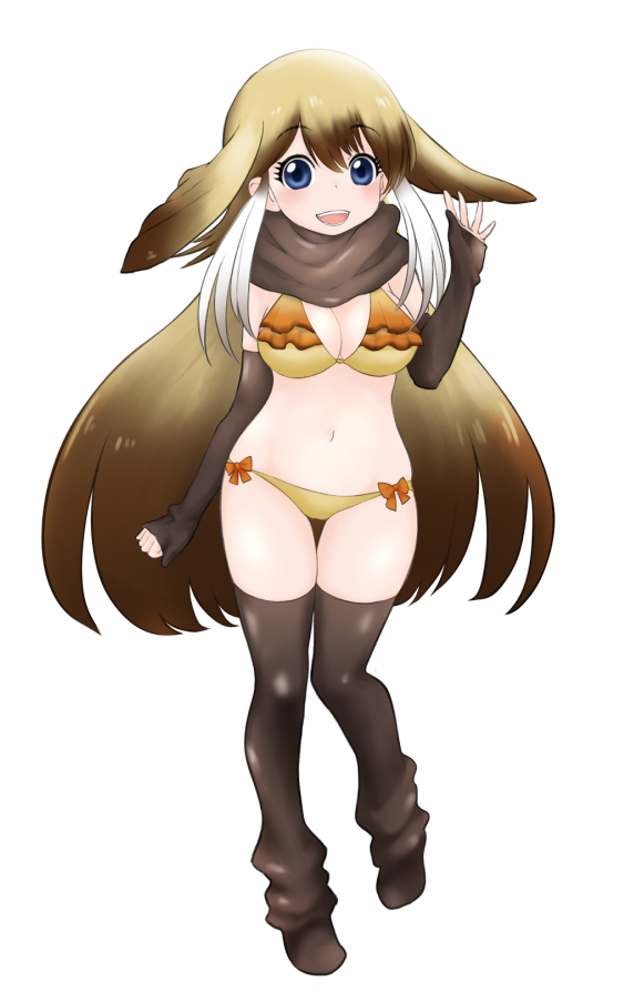 1girl :d bikini black_gloves black_legwear blonde_hair blue_eyes bow_bikini breasts brown_hair elbow_gloves eyebrows_visible_through_hair full_body gloves gradient_hair hand_up ise_(0425) kemono_friends long_hair looking_at_viewer medium_breasts multicolored_hair navel open_mouth partly_fingerless_gloves scarf simple_background smile solo standing steller's_sea_lion_(kemono_friends) swimsuit thigh-highs very_long_hair white_background white_hair