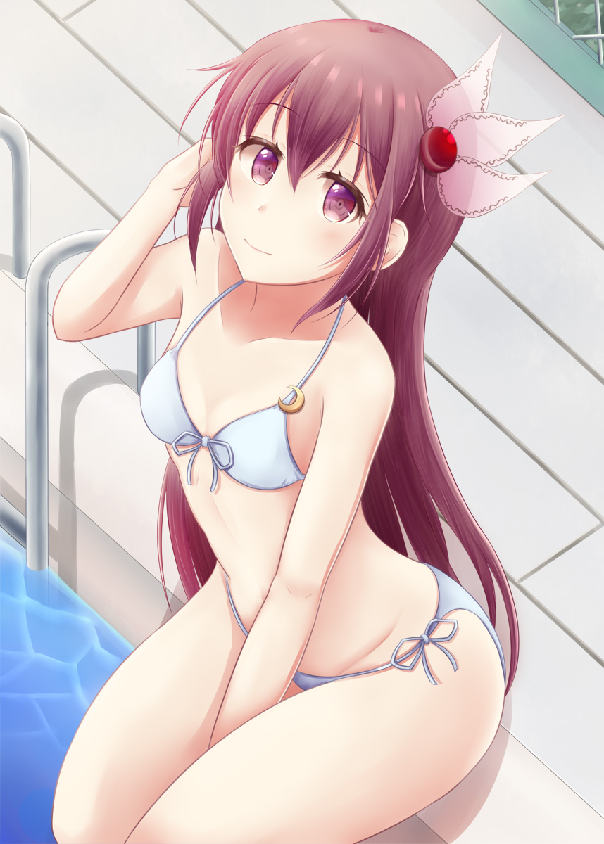 1girl adjusting_hair bangs bare_shoulders between_legs bikini blush closed_mouth crescent crescent_moon_pin day hair_between_eyes hair_ornament hand_between_legs highres kantai_collection kisaragi_(kantai_collection) long_hair looking_at_viewer minakami_mimimi navel outdoors partially_submerged pool poolside purple_hair remodel_(kantai_collection) sidelocks sitting smile solo stomach swimsuit violet_eyes white_bikini