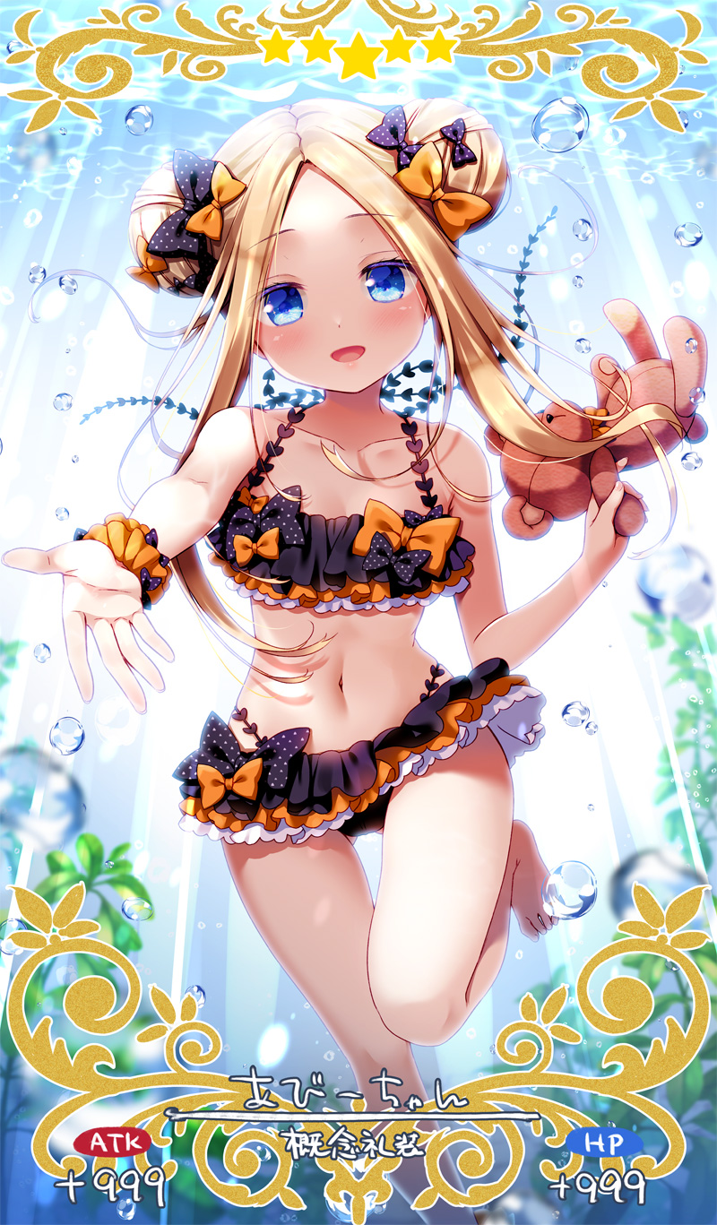 1girl :d abigail_williams_(fate/grand_order) air_bubble ass_visible_through_thighs barefoot bikini black_bow blonde_hair blue_eyes bow bubble collarbone double_bun eyebrows_visible_through_hair fate/grand_order fate_(series) frilled_bikini frills hair_bow highres long_hair looking_at_viewer multicolored multicolored_bikini multicolored_clothes navel open_mouth orange_bow outstretched_arm polka_dot polka_dot_bow sasai_saji scrunchie seaweed smile solo stuffed_animal stuffed_toy swimsuit teddy_bear thigh_gap translation_request underwater wrist_scrunchie