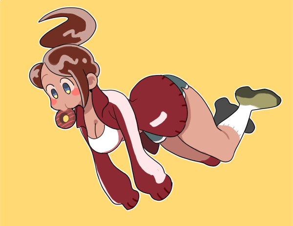 1girl asahina_aoi blue_eyes brown_hair dangan_ronpa dangan_ronpa_1 dark_skin doughnut food high_ponytail legs mouth_hold outline ponytail short_shorts shorts simple_background sleeves_past_wrists socks sportswear tank_top yellow_background