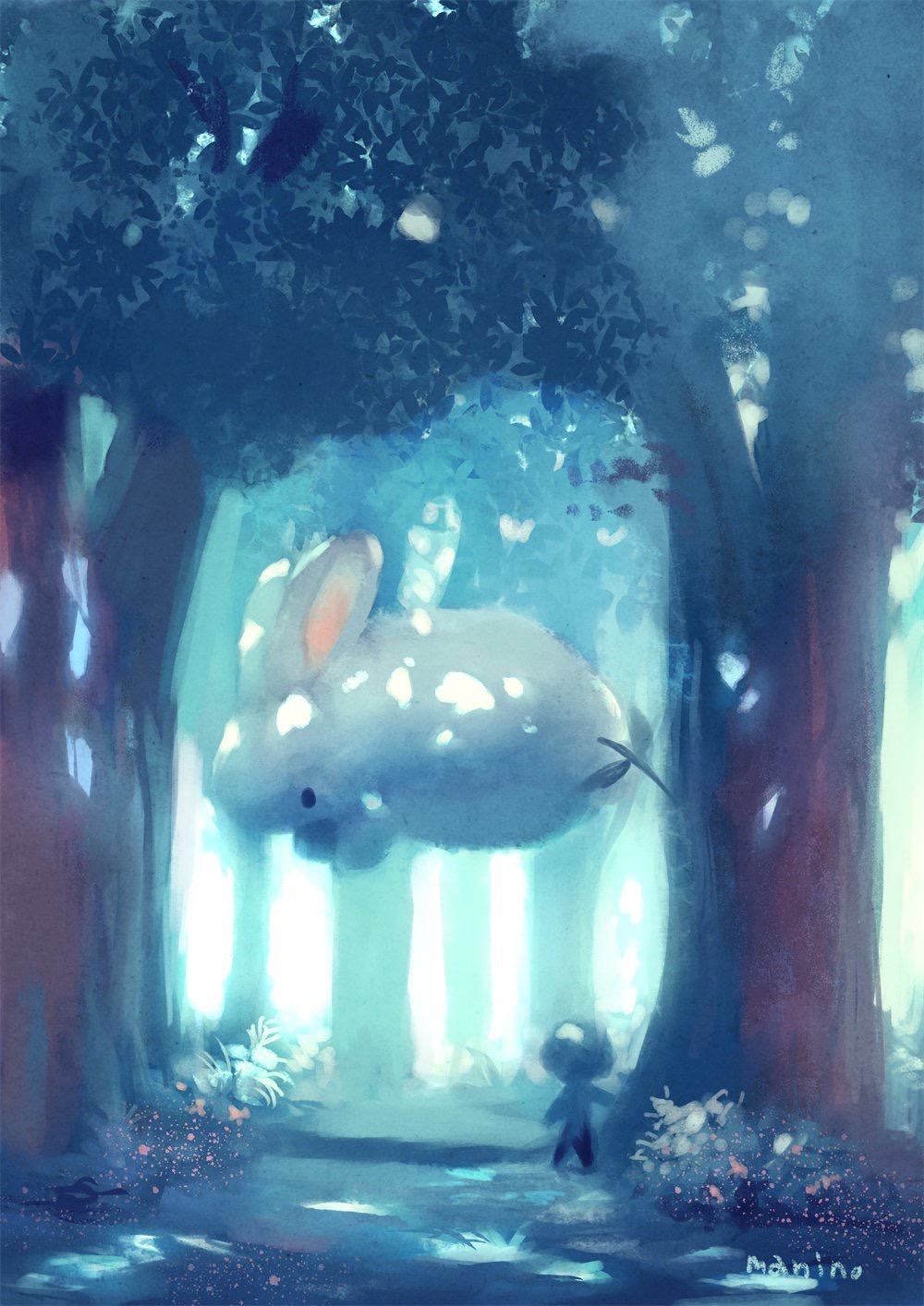 1boy bush commentary_request floating flying forest highres manino_(mofuritaionaka) nature original outdoors rabbit scenery signature solo tree
