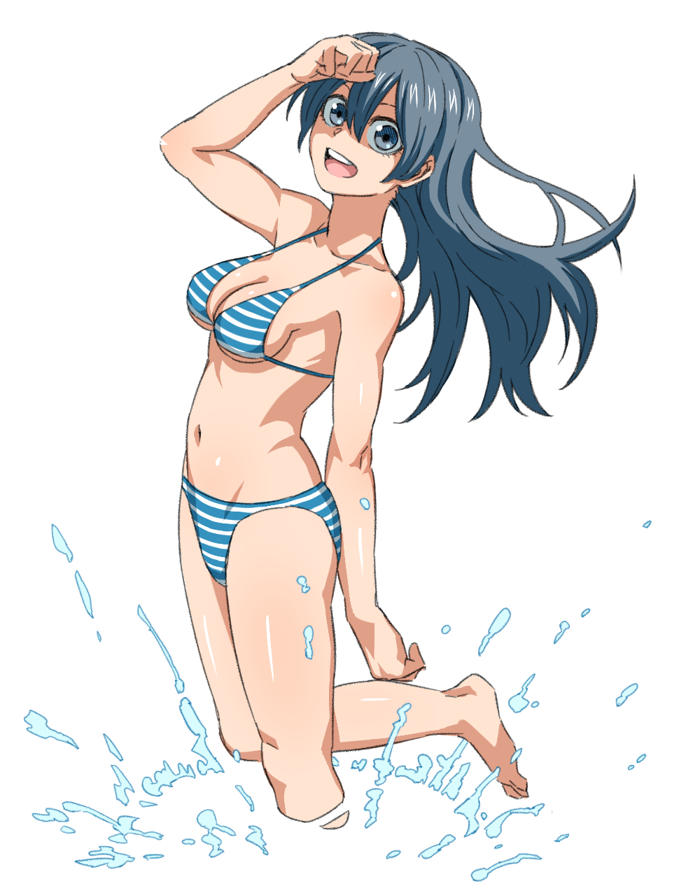 1girl barefoot bikini blue_eyes blue_hair breasts cleavage highres long_hair looking_at_viewer medium_breasts navel open_mouth original sideboob simple_background smile solo splashing standing standing_on_one_leg striped striped_bikini swimsuit tuskryo water white_background