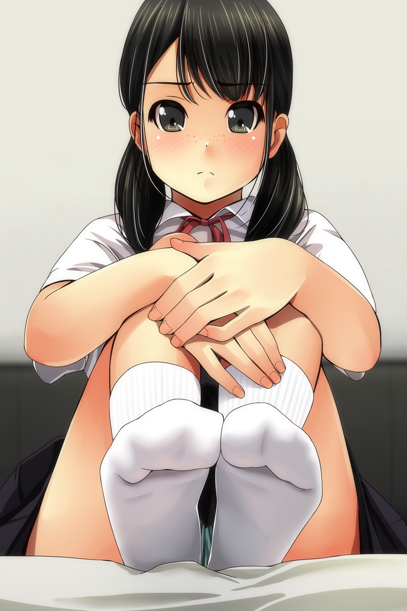 1girl black_eyes black_hair black_skirt blush closed_mouth collared_shirt commentary_request eyebrows_visible_through_hair feet freckles green_panties hands_on_own_legs hands_together highres indoors kneehighs knees_up looking_at_viewer matsunaga_kouyou no_shoes original panties red_ribbon ribbon school_uniform shirt short_sleeves sitting skirt soles solo thighs underwear white_legwear white_shirt wing_collar