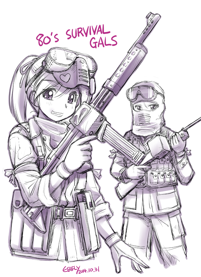 2girls assault_rifle balaclava commentary_request dated ebifly gloves goggles goggles_on_head greyscale gun holding holding_gun holding_weapon jacket long_sleeves looking_at_viewer military military_uniform monochrome multiple_girls original ponytail pouch rifle signature simple_background smile standing trigger_discipline uniform weapon white_background