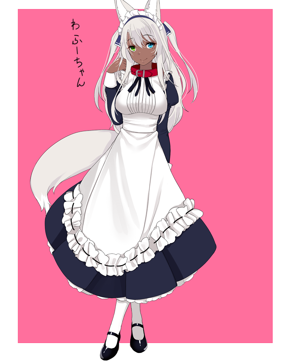 1girl animal_ear_fluff animal_ears apron bangs black_dress black_footwear blue_eyes blue_ribbon breasts closed_mouth commentary_request crossed_legs dark_skin dress eyebrows_visible_through_hair fox_ears fox_girl fox_tail frilled_apron frills green_eyes hair_between_eyes hair_ribbon hand_up head_tilt heterochromia highres juliet_sleeves kiyomin large_breasts legs_crossed long_hair long_sleeves looking_at_viewer maid maid_headdress mary_janes original pantyhose pink_background pleated_dress puffy_sleeves red_collar ribbon shoes silver_hair smile solo standing tail translated two-tone_background two_side_up very_long_hair watson_cross white_apron white_background white_legwear