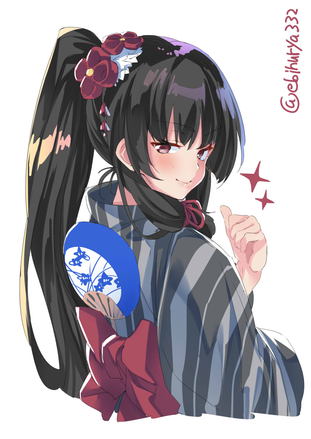 1girl alternate_costume alternate_hairstyle black_hair blush ebifurya eyebrows_visible_through_hair fan flower hair_flower hair_ornament highres isokaze_(kantai_collection) japanese_clothes kantai_collection kimono long_hair looking_at_viewer looking_back obi paper_fan ponytail red_eyes sash sidelocks simple_background sparkle striped striped_kimono thumbs_up twitter_username uchiwa very_long_hair white_background yukata