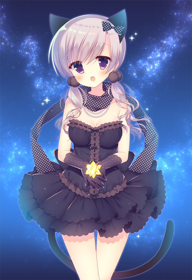 1girl :o animal_ears bare_shoulders black_bow black_dress black_gloves black_scarf blush bow breasts brown_hair cat_ears cat_girl cat_tail cleavage commentary_request dress elbow_gloves frilled_dress frills gloves hair_bow hair_ornament head_tilt holding layered_dress long_hair low_twintails medium_breasts night night_sky open_mouth original pleated_dress polka_dot polka_dot_bow polka_dot_scarf pom_pom_(clothes) scarf sky solo standing star_(sky) starry_sky strapless strapless_dress sumii tail thigh_grab twintails