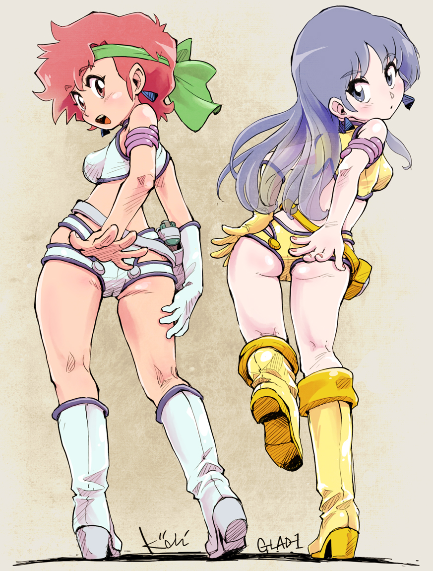 2girls ass blue_eyes blue_hair boots breasts brown_eyes chibi commentary_request crop_top dirty_pair earrings eyebrows eyebrows_visible_through_hair from_behind gloves hand_on_ass headband jewelry kei_(dirty_pair) kiichi knee_boots looking_at_viewer looking_back multiple_girls redhead short_hair short_shorts shorts signature simple_background single_glove standing thighs yellow_footwear yellow_gloves yuri_(dirty_pair)