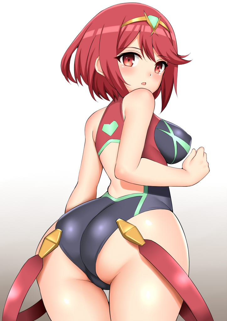 1girl ass bare_arms bare_shoulders black_swimsuit blush breasts casual_one-piece_swimsuit commentary_request covered_nipples gradient gradient_background grey_background headgear heart pyra_(xenoblade) huge_ass large_breasts looking_at_viewer looking_back nintendo one-piece_swimsuit parted_lips red_eyes redhead short_hair solo standing swimsuit toshishikisai white_background xenoblade_(series) xenoblade_2