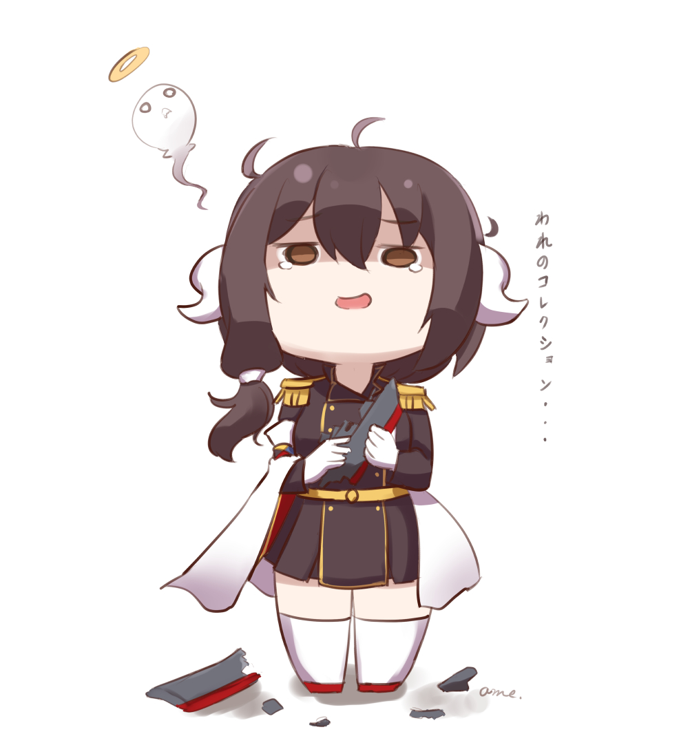1girl :d ahoge ame. azur_lane bangs broken brown_eyes brown_hair brown_jacket brown_skirt chibi curled_horns epaulettes eyebrows_visible_through_hair giving_up_the_ghost gloves hair_between_eyes halo horns jacket long_hair long_sleeves mikasa_(azur_lane) open_mouth pleated_skirt red_footwear signature skirt smile solo standing tears thigh-highs translated white_background white_gloves white_legwear