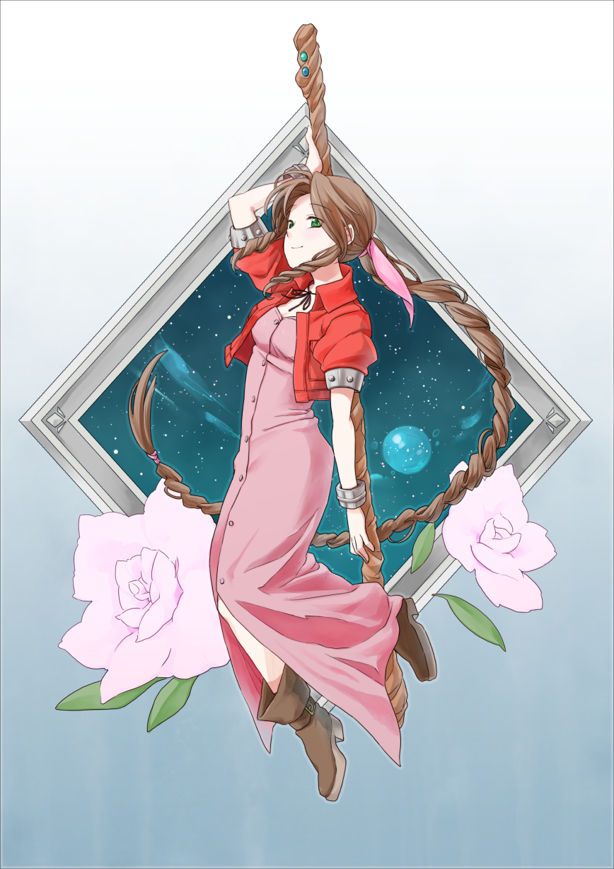 1girl aerith_gainsborough boots bow braid brown_hair commentary_request cropped_jacket dress final_fantasy final_fantasy_vii green_eyes hair_ribbon high_heel_boots high_heels highres kazuichi long_dress long_hair pink_bow pink_dress ponytail ribbon single_braid sleeveless sleeveless_turtleneck solo staff turtleneck weapon