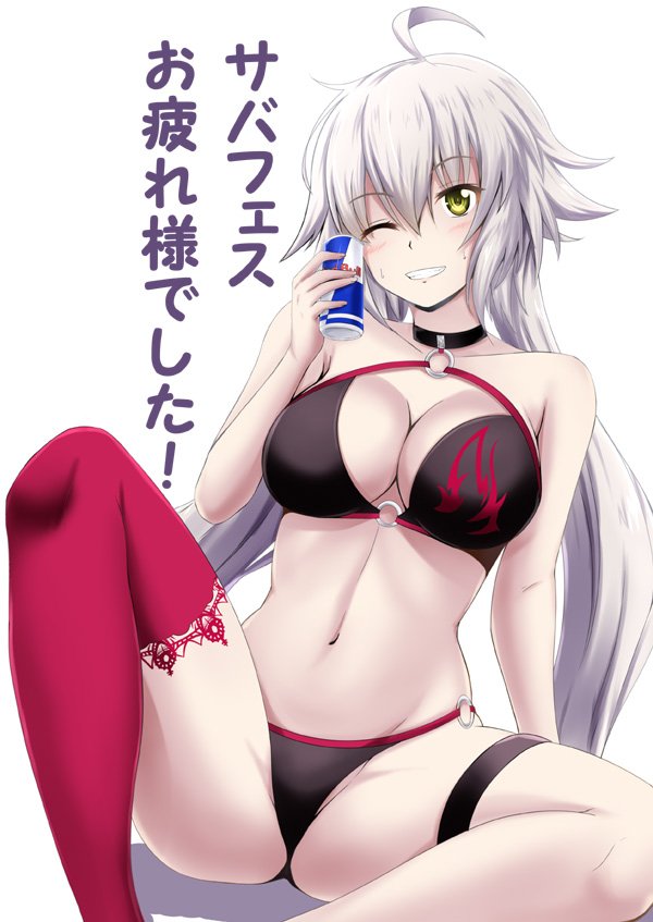 1girl ahoge bikini black_bikini black_choker can choker commentary_request fate/grand_order fate_(series) feet_out_of_frame fuuma_nagi grey_background jeanne_d'arc_(alter_swimsuit_berserker) jeanne_d'arc_(fate)_(all) long_hair looking_at_viewer o-ring o-ring_bikini o-ring_bottom o-ring_top red_bull red_legwear simple_background single_thighhigh sitting solo swimsuit thigh-highs translated yellow_eyes