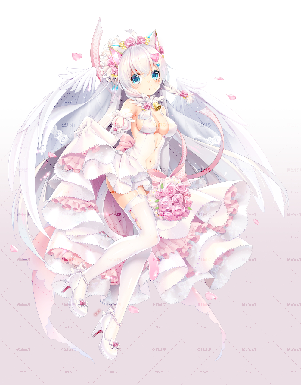 1girl angel_wings animal_ears bare_shoulders blue_eyes bouquet braid breasts cat_ears commentary dress elbow_gloves flower full_body garter_straps gloves hair_flower hair_ornament heart heart-shaped_pupils heart_hair_ornament high_heels highres iron_saga long_hair looking_at_viewer medium_breasts meruru_(iron_saga) mvv navel navel_cutout petals ribbon shoes skirt_hold solo symbol-shaped_pupils thigh-highs twin_braids very_long_hair white_dress white_footwear white_gloves white_hair white_legwear wings