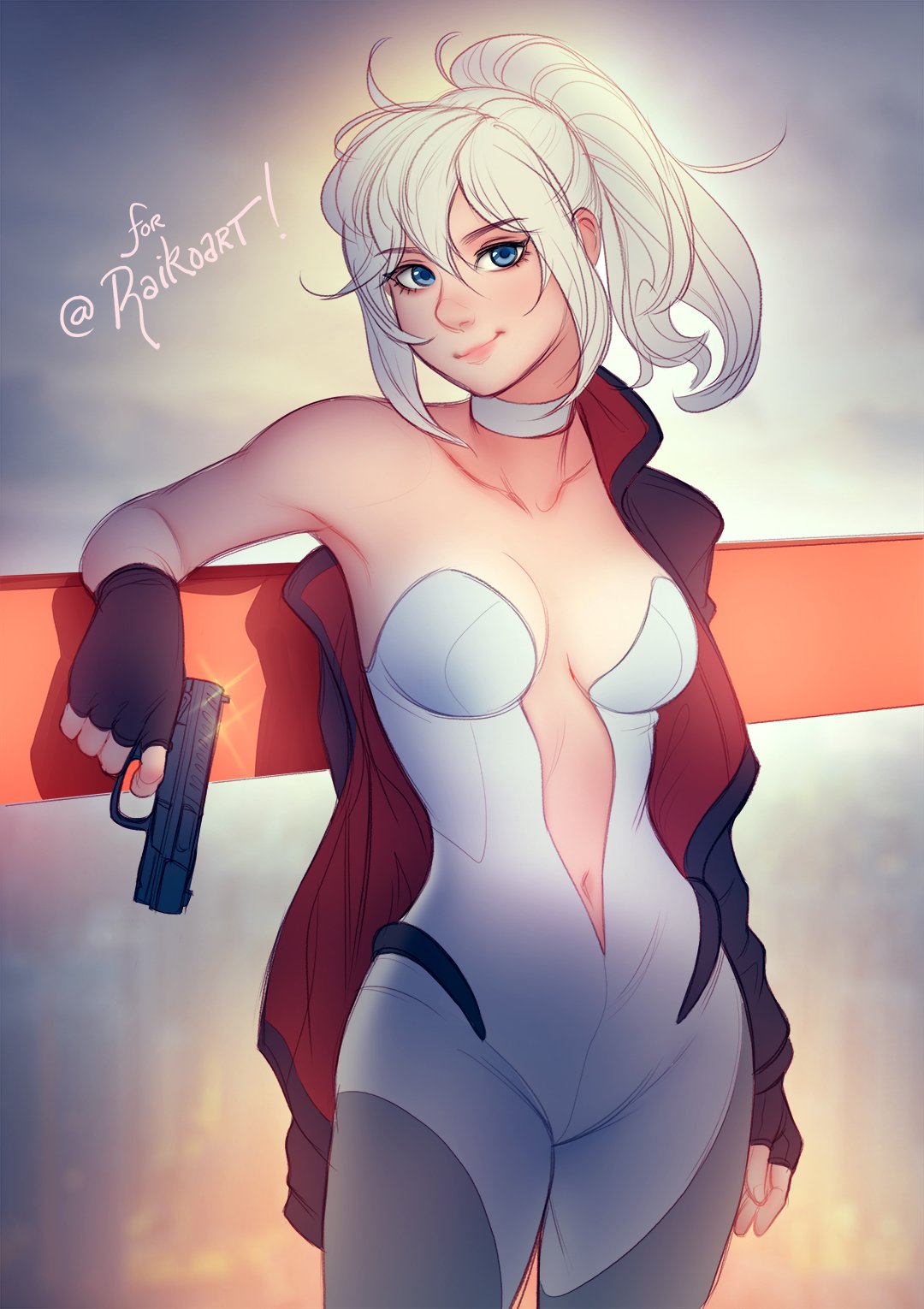 1girl blonde_hair blue_eyes borrowed_character breasts choker cleavage collarbone cowboy_shot english eyebrows_visible_through_hair fingerless_gloves glint gloves gun handgun highres jacket jonathan_hamilton leotard long_hair looking_at_viewer medium_breasts navel open_clothes original ponytail smile solo tess_turner weapon