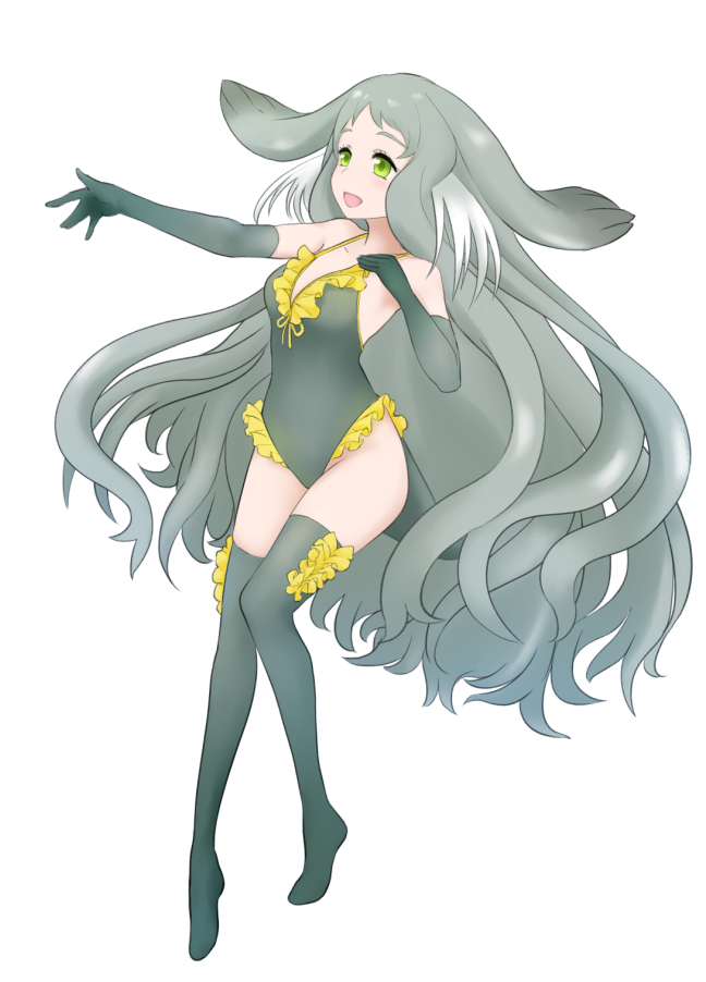 1girl :d animal_ears elbow_gloves frilled_swimsuit frills full_body gloves green_eyes grey_gloves grey_hair grey_legwear grey_swimsuit hand_on_own_chest ise_(0425) kemono_friends long_hair looking_away mediterranean_monk_seal_(kemono_friends) one-piece_swimsuit open_mouth outstretched_arm simple_background smile solo standing swimsuit tail thigh-highs very_long_hair white_background